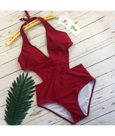 One-Pieces Womens Deep V Neck High Waisted Halter One Piece Monokini Swimsuit - Red - C018N0CGR0R $26.10