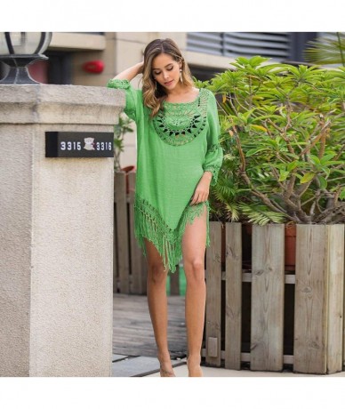 Cover-Ups Women's Crochet Swimsuit Cover Up Hollow Out Flare Sleeve Beach Swimwear Tassel Cardigan - 104-green - CI194K8I8K8 ...