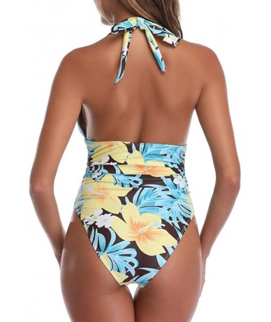 One-Pieces Women Push-Up One Piece Bikini Lace Up Printed Padded Swimsuit - Yellow - C518WH6TCI5 $35.82