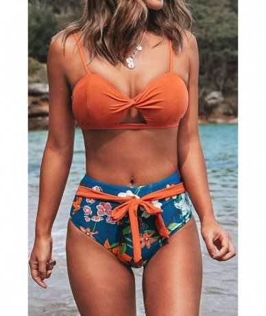 Sets Women's Yellow Bowknot Ruched Floral Bikini Sets - Multicolored - CT193X7MTW6 $51.68