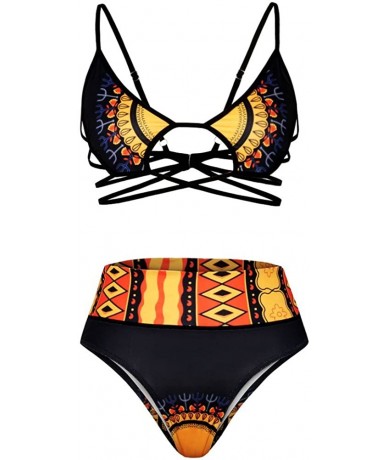 Sets Women's African Tribal Print Push Up Bikini High Waist Bandage Swimsuit Swimwear - Black - C9180N3N4MA $28.08