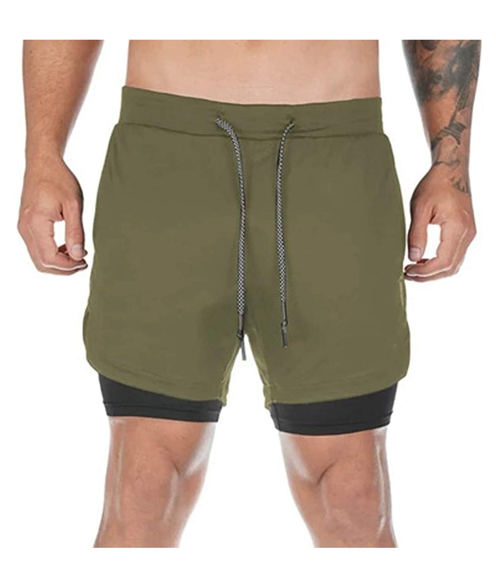 Trunks Men's Workout Running 2 in 1 Shorts Training Gym 7" Short Pockets Athletic Sport Short Pants with Towel Loop - Army Gr...