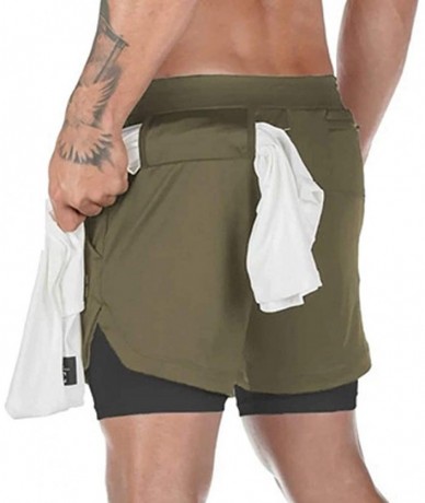 Trunks Men's Workout Running 2 in 1 Shorts Training Gym 7" Short Pockets Athletic Sport Short Pants with Towel Loop - Army Gr...