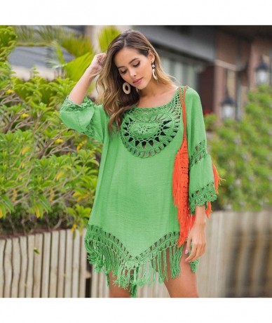 Cover-Ups Women's Crochet Swimsuit Cover Up Hollow Out Flare Sleeve Beach Swimwear Tassel Cardigan - 104-green - CI194K8I8K8 ...