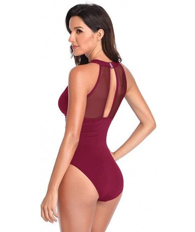 One-Pieces Swimsuits for Women One Piece Monokini High Neck V-Neckline Mesh Ruched Bathing Suits (S-XL) - Wine Red - CO18R67R...