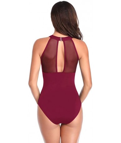 One-Pieces Swimsuits for Women One Piece Monokini High Neck V-Neckline Mesh Ruched Bathing Suits (S-XL) - Wine Red - CO18R67R...