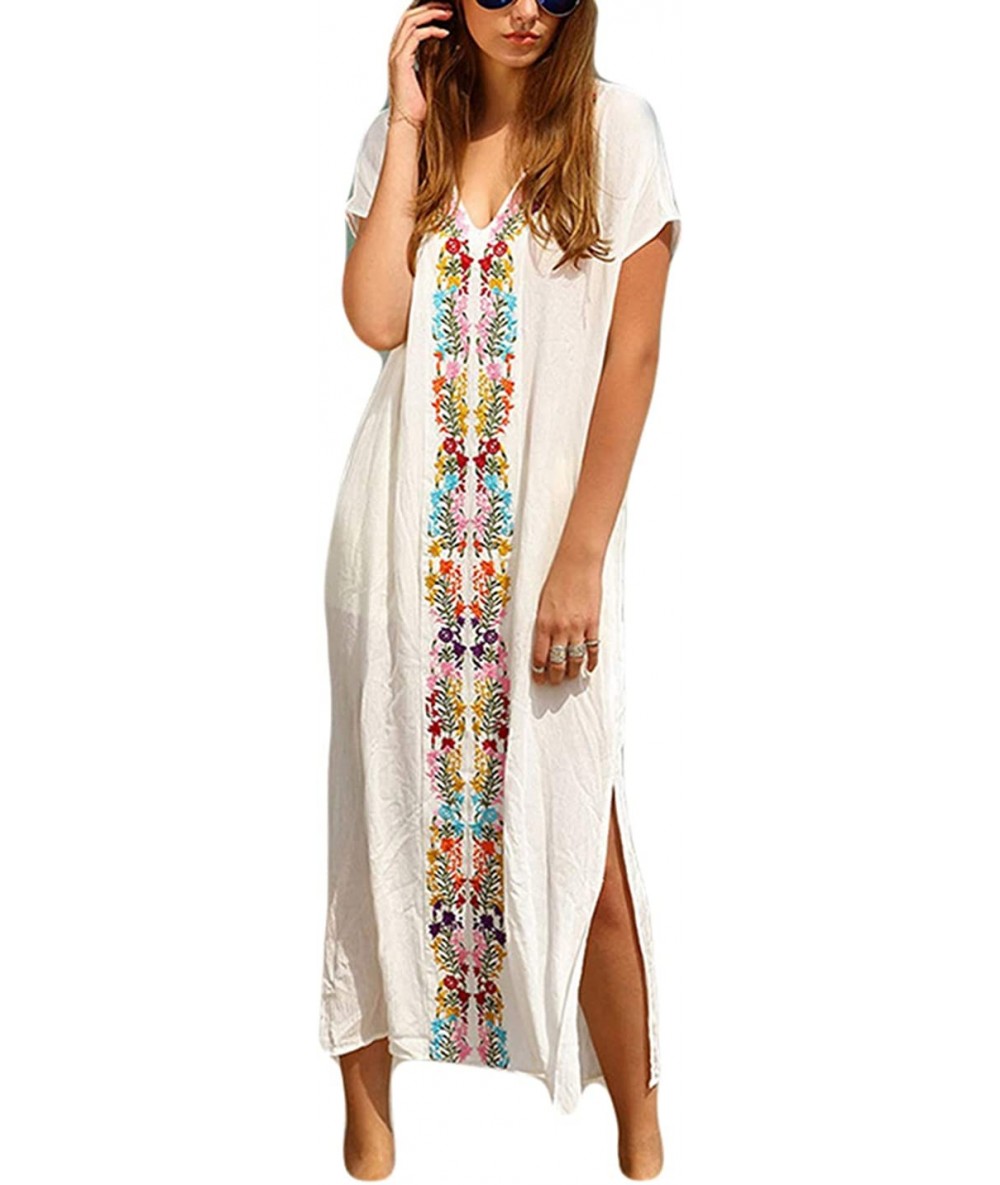 Cover-Ups Women Loose Kaftan Swimsuit Cover Up Beach Long Casual Caftan Dress - White-4 - C318MG8SARH $45.14