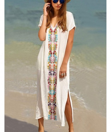 Cover-Ups Women Loose Kaftan Swimsuit Cover Up Beach Long Casual Caftan Dress - White-4 - C318MG8SARH $45.14