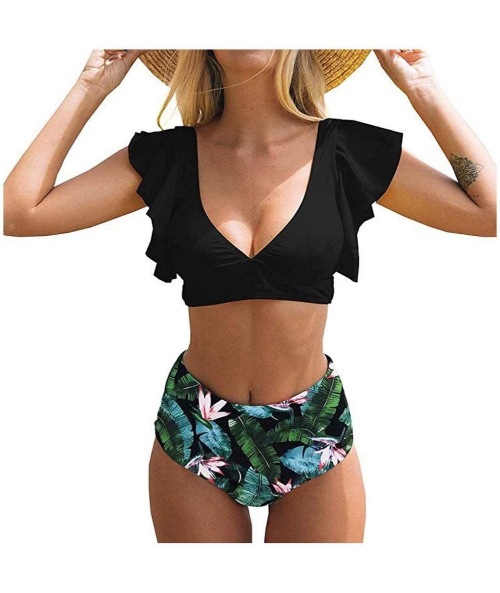 Sets Two Piece Bikini Set for Women Vintage Flounce Swimwear Floral Print Halter Cutout High Waisted Racerback Swimsuit - Lig...