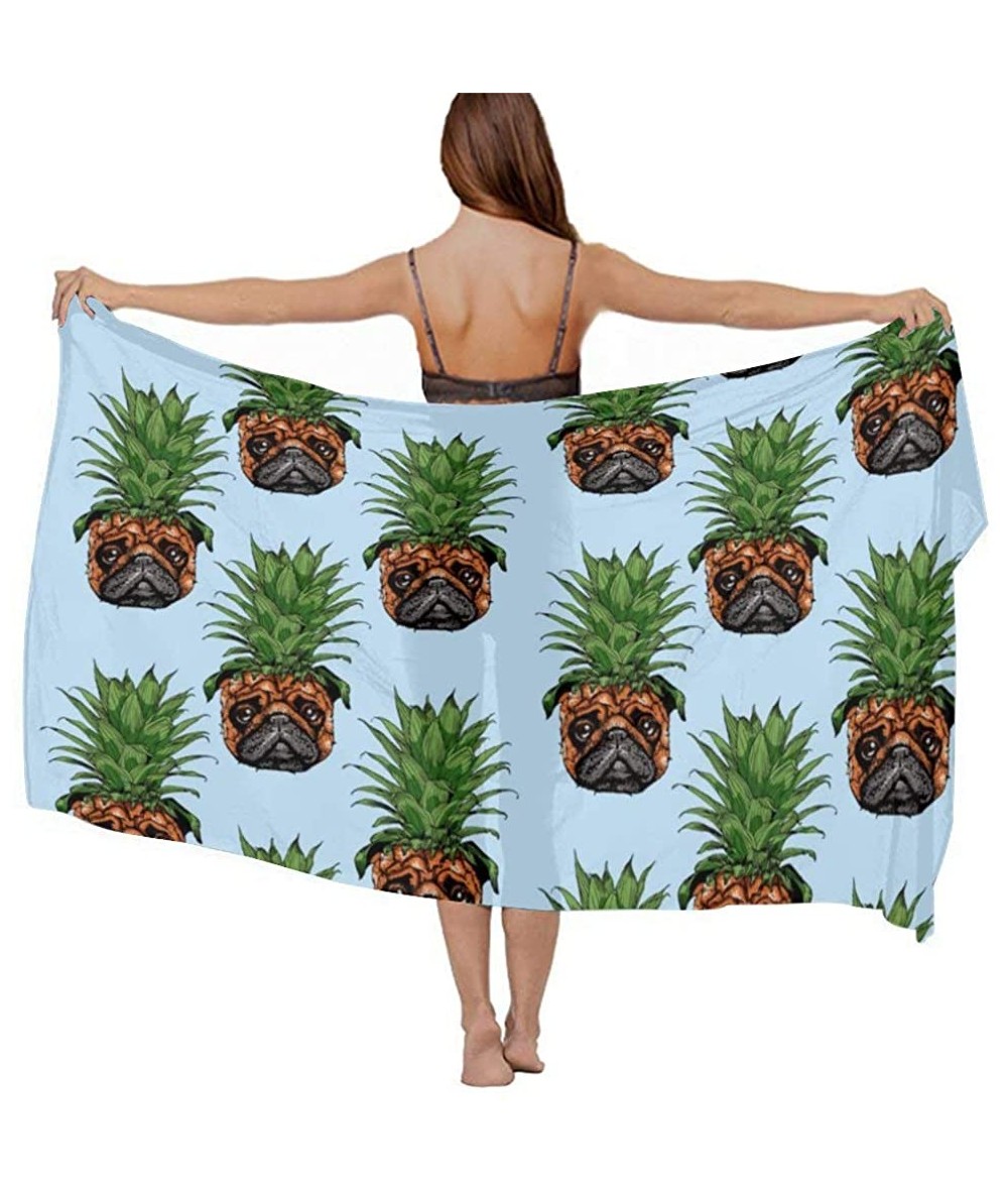 Cover-Ups Women Luxury Chiffon Swimwear Cover Up- Oversize Beach Sarong Shawl Wrap - Pineapple Pug - CK19C4GZOYN $44.89