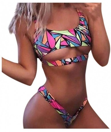 Sets Women Chest Hollow Out Two Piece Swimsuit Geometric Print Swimwear Sexy Cheeky Thong Bikini Set - Multi Color - CO196RL6...