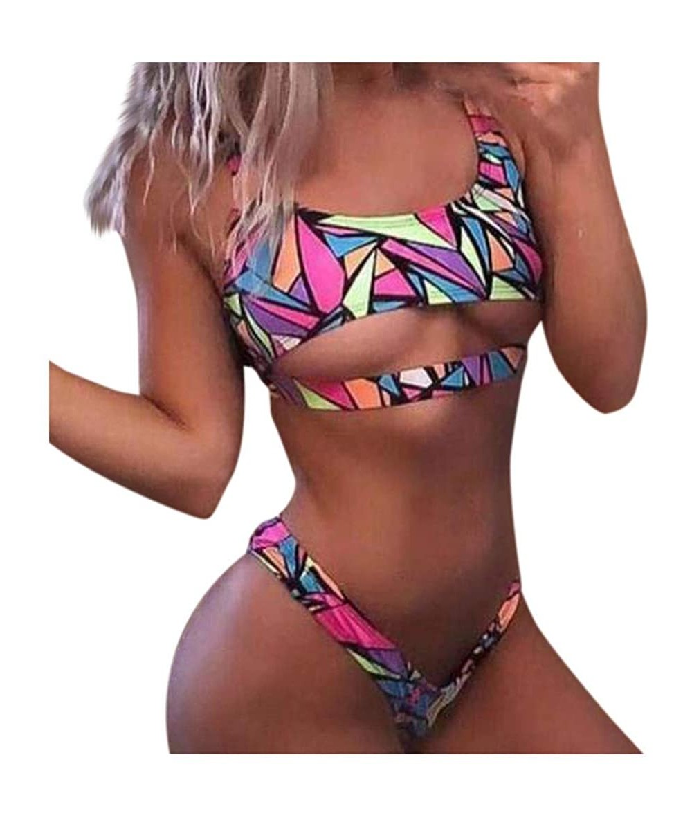 Sets Women Chest Hollow Out Two Piece Swimsuit Geometric Print Swimwear Sexy Cheeky Thong Bikini Set - Multi Color - CO196RL6...