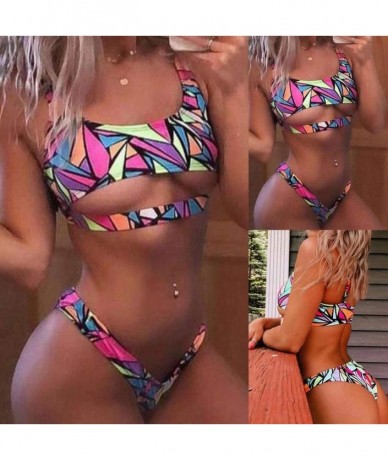 Sets Women Chest Hollow Out Two Piece Swimsuit Geometric Print Swimwear Sexy Cheeky Thong Bikini Set - Multi Color - CO196RL6...