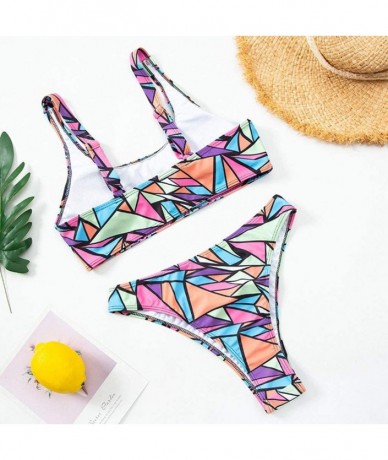 Sets Women Chest Hollow Out Two Piece Swimsuit Geometric Print Swimwear Sexy Cheeky Thong Bikini Set - Multi Color - CO196RL6...