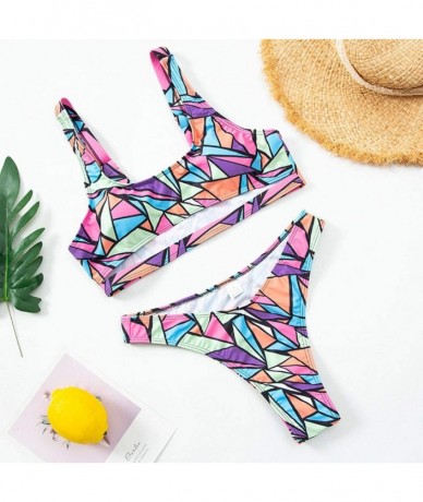 Sets Women Chest Hollow Out Two Piece Swimsuit Geometric Print Swimwear Sexy Cheeky Thong Bikini Set - Multi Color - CO196RL6...