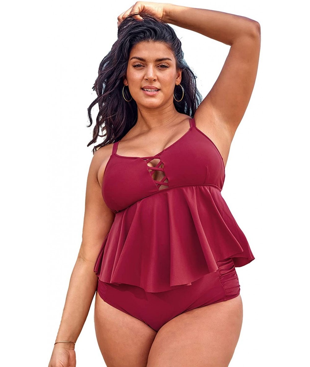 Sets Women's High Waisted Red Ruffled Strappy Plus Size Tankini - CV196TWZRTH $63.77