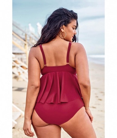 Sets Women's High Waisted Red Ruffled Strappy Plus Size Tankini - CV196TWZRTH $63.77