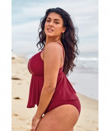 Sets Women's High Waisted Red Ruffled Strappy Plus Size Tankini - CV196TWZRTH $63.77