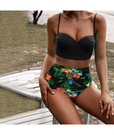 Sets Swimsuits for Women- Women Vintage Swimsuit Two Piece Retro Halter Ruched High Waist Bikini Set - Green - CI193XH5N79 $2...