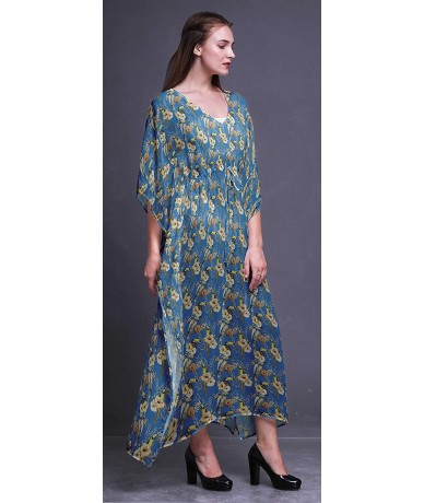 Cover-Ups Beach Kaftan Bikini Cover up Women's Maxi Dress Long Caftan Summer Kimono - Medium Blue - CH18SU9QDOC $56.05