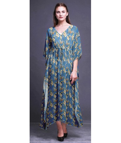 Cover-Ups Beach Kaftan Bikini Cover up Women's Maxi Dress Long Caftan Summer Kimono - Medium Blue - CH18SU9QDOC $56.05