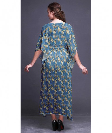 Cover-Ups Beach Kaftan Bikini Cover up Women's Maxi Dress Long Caftan Summer Kimono - Medium Blue - CH18SU9QDOC $56.05