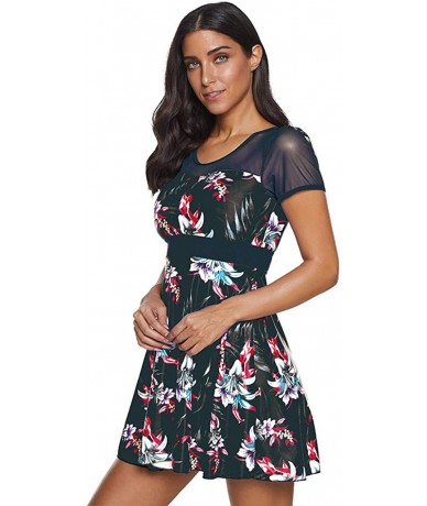 Rash Guards Women's Large Size Floral Print One Piece Swim Dress Skirt Swimsuit - Black - CT194RASS5R $38.21