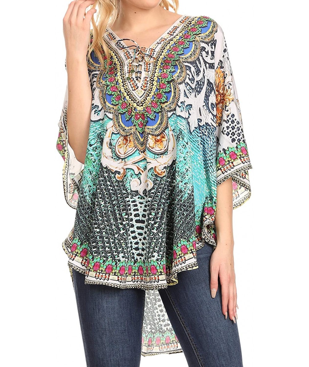 Cover-Ups Tallulah Wide Circle Blouse V Neck Top with Tassle Ties and Rhinestones - Ow19-white - CY18KCQAN0Z $66.86