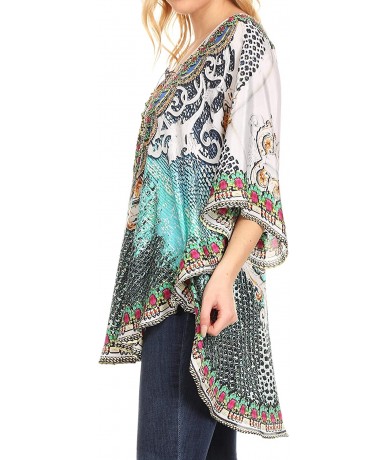 Cover-Ups Tallulah Wide Circle Blouse V Neck Top with Tassle Ties and Rhinestones - Ow19-white - CY18KCQAN0Z $66.86