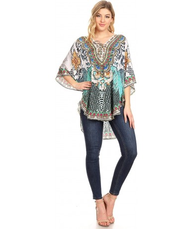 Cover-Ups Tallulah Wide Circle Blouse V Neck Top with Tassle Ties and Rhinestones - Ow19-white - CY18KCQAN0Z $66.86