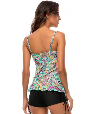 Cover-Ups Women's Plus Size Retro Tankini Top 1 Piece Swimwear Adjustable Straps- Size 6-22 - Paisley Green - CY18NYG57SW $44.66