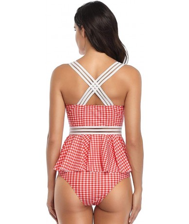 Bottoms Women's Swimsuit Two Piece Ruffled Tank Top High Waist Bottoms Bathing Suit - Red Plaid - CA1908UG27W $38.58