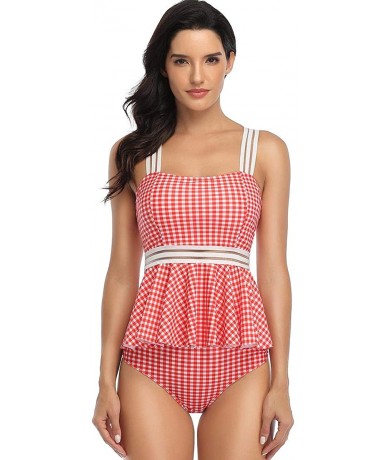 Bottoms Women's Swimsuit Two Piece Ruffled Tank Top High Waist Bottoms Bathing Suit - Red Plaid - CA1908UG27W $38.58