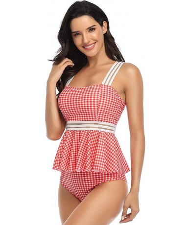 Bottoms Women's Swimsuit Two Piece Ruffled Tank Top High Waist Bottoms Bathing Suit - Red Plaid - CA1908UG27W $38.58