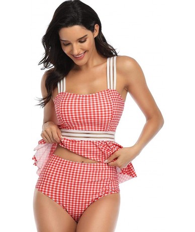 Bottoms Women's Swimsuit Two Piece Ruffled Tank Top High Waist Bottoms Bathing Suit - Red Plaid - CA1908UG27W $38.58