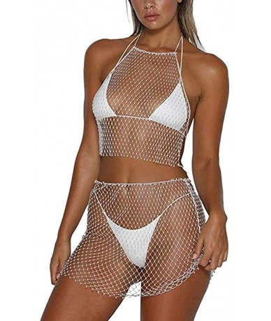 Cover-Ups Women Sexy Mesh See Through Rhinestone Fishnet Mini Skirts Beach Wrap Cover Up for Swimwear - White Skirt - CW18TWO...