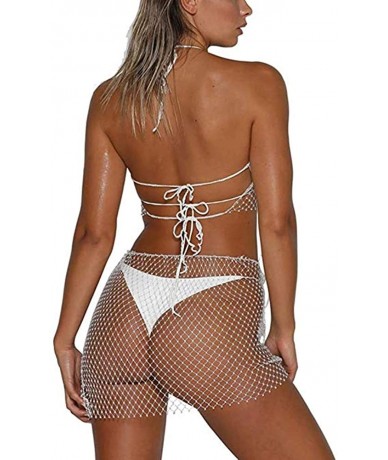 Cover-Ups Women Sexy Mesh See Through Rhinestone Fishnet Mini Skirts Beach Wrap Cover Up for Swimwear - White Skirt - CW18TWO...