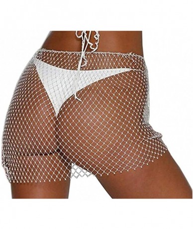 Cover-Ups Women Sexy Mesh See Through Rhinestone Fishnet Mini Skirts Beach Wrap Cover Up for Swimwear - White Skirt - CW18TWO...