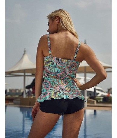 Cover-Ups Women's Plus Size Retro Tankini Top 1 Piece Swimwear Adjustable Straps- Size 6-22 - Paisley Green - CY18NYG57SW $44.66