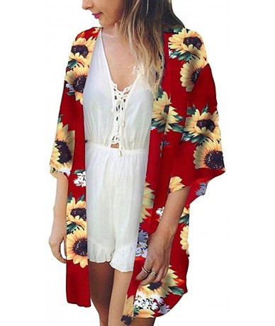 Cover-Ups Women Kimono Beach Tops Sunflower Print Swimwear Cardigan Swimsuit Bikini Cover Up - Red - C318WSMG5Y7 $25.97