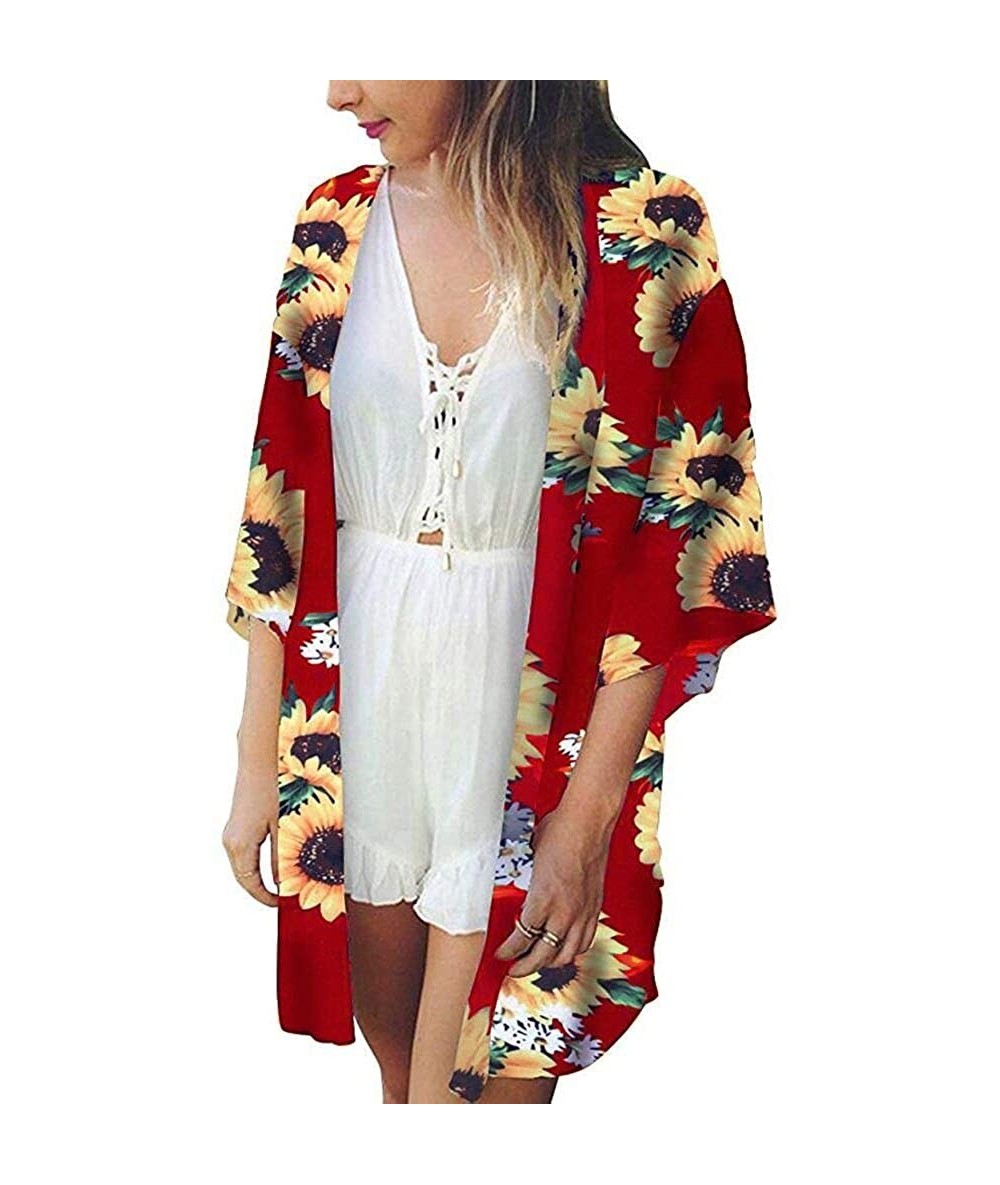 Cover-Ups Women Kimono Beach Tops Sunflower Print Swimwear Cardigan Swimsuit Bikini Cover Up - Red - C318WSMG5Y7 $25.97