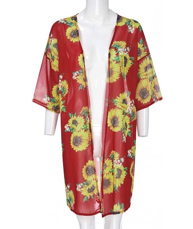 Cover-Ups Women Kimono Beach Tops Sunflower Print Swimwear Cardigan Swimsuit Bikini Cover Up - Red - C318WSMG5Y7 $25.97