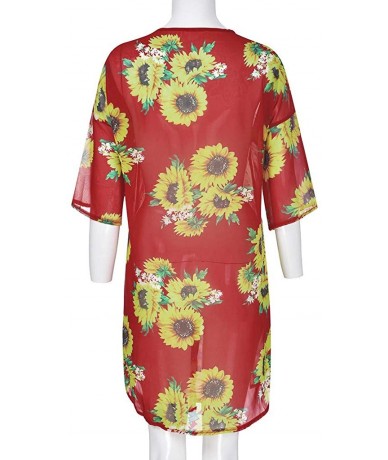 Cover-Ups Women Kimono Beach Tops Sunflower Print Swimwear Cardigan Swimsuit Bikini Cover Up - Red - C318WSMG5Y7 $25.97