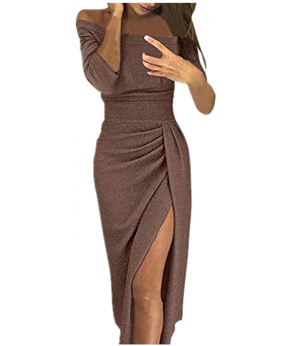 One-Pieces Womens Dresses Plus Size Solid Off Shoulder High Slit Bodycon Half Sleeve Evening Party Long Dresses - Coffee - C5...