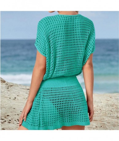 Cover-Ups Women's Sexy Crochet Hollow Out Top Beach Tunic Mini Dress Smocked Swimsuit Cover Up Swimwear - Green - CE1906YA6CN...