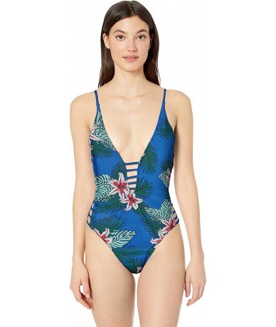 One-Pieces Women's Monokini Strappy One Piece Swimsuit Bathing Suit V Bikini - Blue Paradise - CJ18NO6AN92 $27.76