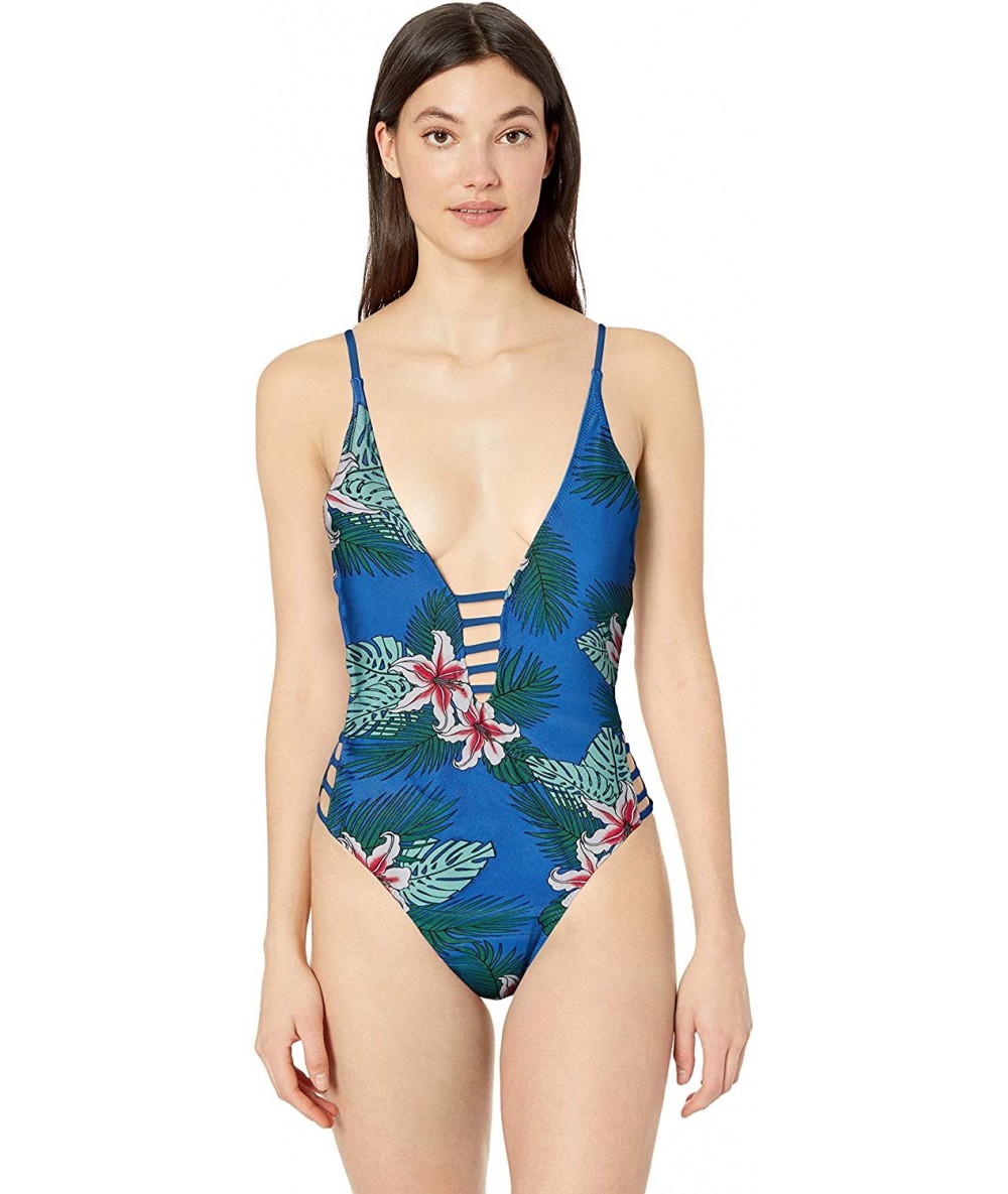 One-Pieces Women's Monokini Strappy One Piece Swimsuit Bathing Suit V Bikini - Blue Paradise - CJ18NO6AN92 $27.76