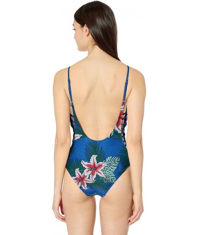 One-Pieces Women's Monokini Strappy One Piece Swimsuit Bathing Suit V Bikini - Blue Paradise - CJ18NO6AN92 $27.76