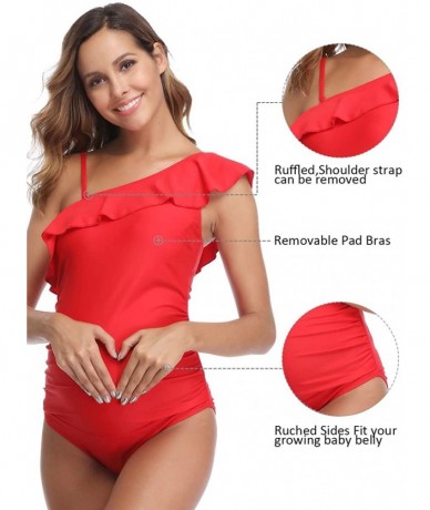 One-Pieces Women Maternity Swimwear One Shoulder Flounce One Piece Printing Bathing Suit - Red - CV18SOAXONU $50.77