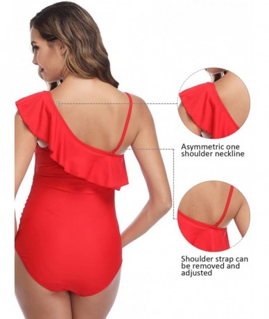 One-Pieces Women Maternity Swimwear One Shoulder Flounce One Piece Printing Bathing Suit - Red - CV18SOAXONU $50.77